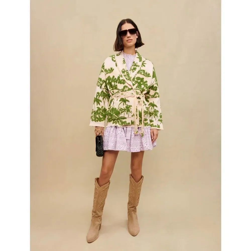 Maje Maloas Imprime Macrame Aloha Beige Belted Cardigan Jacket NEW